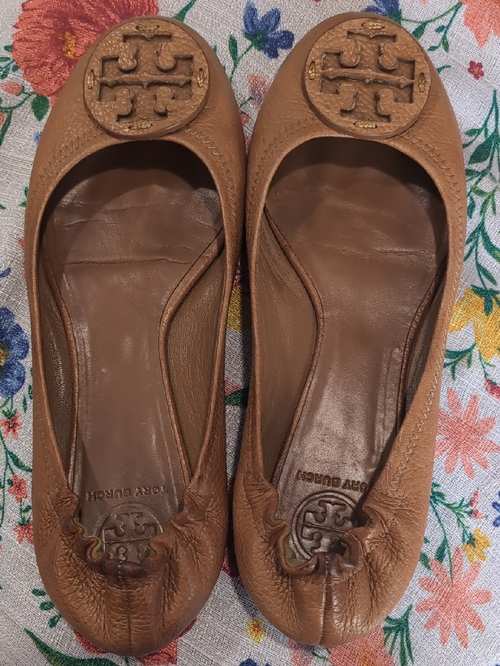 Tory Burch Reva Tan Leather Logo Round-Toe Ballet Flats Size 10M